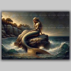 Mermaid on Rock Fantasy Art Print Mythical Ocean Goddess at Sunset with Flowing Hair and Golden Tail Romantic Sea Creature Wall Decor j26