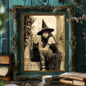 Lámina artística de bruja, retrato de gato negro, arte mural gótico vintage, decoración de bruja estilo academia oscura u26 imagen 5