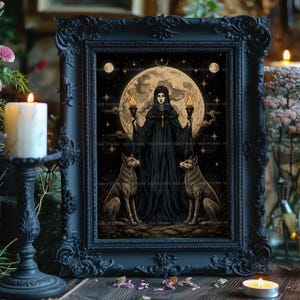 May include: A rectangular black ornate frame containing a dark illustration of a cloaked figure holding two lit torches, flanked by two wolves under a large full moon and starry sky. The artwork features a repeating watermark text VGB STUDIO.