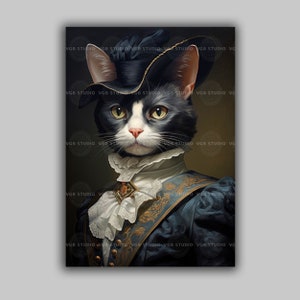 Victorian Cat Portrait Art Black Tuxedo Cat Regency Costume Wall Decor Whimsical Pet Illustration Elegant Feline Print Historical Animal h88