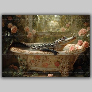 Alligator Bathroom Art Print Funny Gator in Bathtub Floral Cottagecore Decor Whimsical Animal Wall Art Quirky Gift Vintage Style ab54