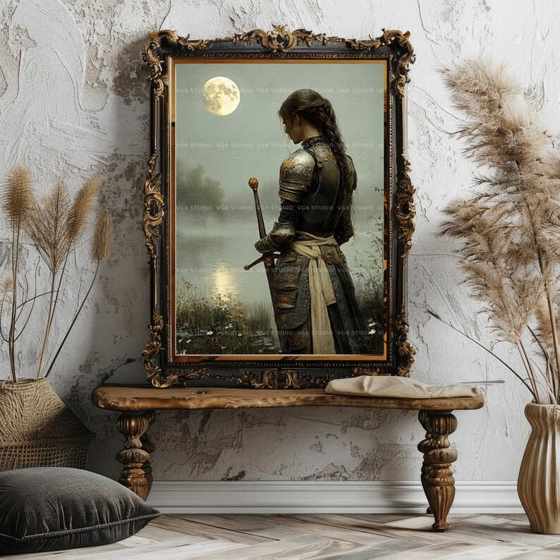 Lady Knight Art Print Medieval Fantasy Woman Warrior Wall Decor Moonlight Sword Lake Arthurian Legend Romantic Armor Chivalry Heroine AH04 image 8