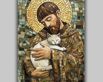 Saint Francis of Assisi Wall Art Print, Cat Lover Gift, Christian Mosaic, Catholic Home Decor, Religious Iconography, Sacred Space AP18