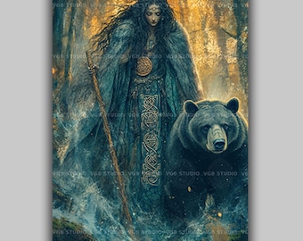 Artio Keltische godin print heidense beer geest muur kunst bos heks decor druïde priesteres mythologie artwork natuur magische wilde vrouw ab29
