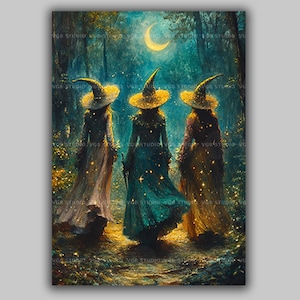 Three Witches Fantasy Art Print Glowing Moon Magic Pagan Witch Decor Enchanted Forest Illustration Mystical Spellcaster Trio Artwork x65