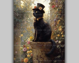 Svart katt i hög hatt konsttryck blommig trädgårdsmålning Cottagecore väggdekor viktoriansk kattposter nyckfull blomma kattunge älskare present 01