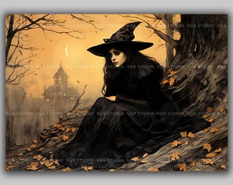 Witch Wall Art Print, Haunted House Decor, Dark Cottagecore, Spooky Season, Vintage Halloween, Storybook Illustration, Witchy Aesthetic F38B