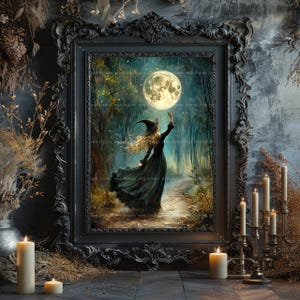 Witch Reaching for the Full Moon Art Print, Whimsical Witchy Forest ...