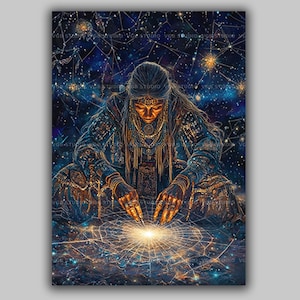 May include: Digital art print showing a figure in elaborate attire against a backdrop of a starry night. The seated figure's hands are reaching towards a glowing web-like design. The artwork uses deep blues, golds, and detailed patterns.