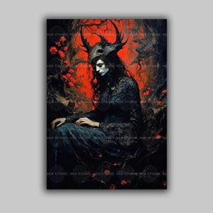 Lilith Dark Goddess Art Print With Antler Crown Black Lace Dress And Fiery Forest Setting E72