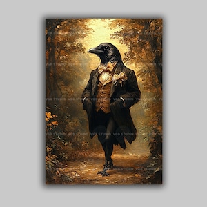 Raven Art Print Victorian Crow Elegant Dressed Animal Portrait Vintage Whimsical Suit Bird Wall Decor Gothic Dark Academia Woodland U01