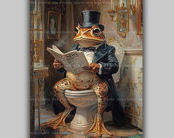 Frog Toilet Wall Art Print, Powder Room Decor, Victorian Gothic, Whimsical Animal Painting, Funny Housewarming Gift, Luxury Bathroom AD80