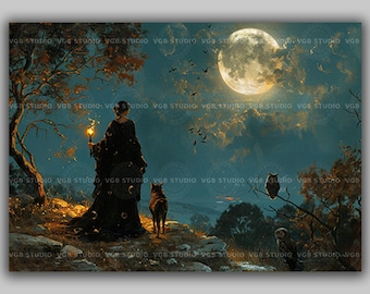 Hekate Full Moon Holding Torches With Dogs, Hecate Night Goddess Print, Crow Hecate Artwork Pagan Esoteric Art, Celestial Artwork Owl P64