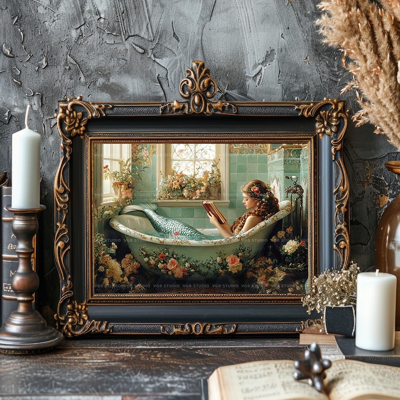 Mermaid Reading in Floral Bathtub Wall Art Print Vintage Bathroom Decor, Cottagecore Fantasy Book Lover Gift Whimsical Siren Horizontal y81 image 7