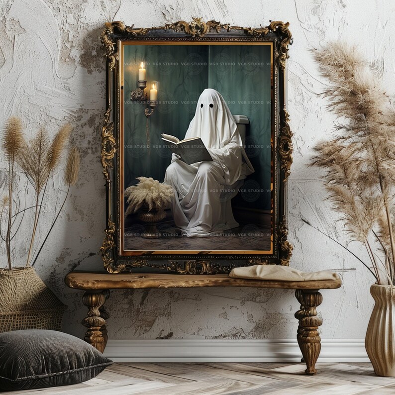 Funny Ghost Bathroom Wall Art Print, Spooky Toilet Reading Poster, Gothic Room Decor, Haunted Book Lover Artwork, Quirky Halloween Print H27 image 2