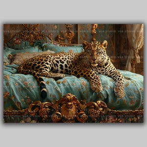 May include: A digital art print featuring a leopard resting on a teal bed with floral patterned bedding. The bed has an ornate gold headboard and footboard. The artwork has a vintage, luxurious aesthetic.
