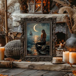 Lámina decorativa de sirena a la luz de la luna, decoración náutica oscura, pintura de barco, ilustración fantástica, estética costera, Mermaidcore, magia del océano AF74 imagen 6