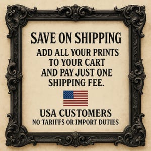 a sign with a black ornate frame, containing a message about shipping and US customers.