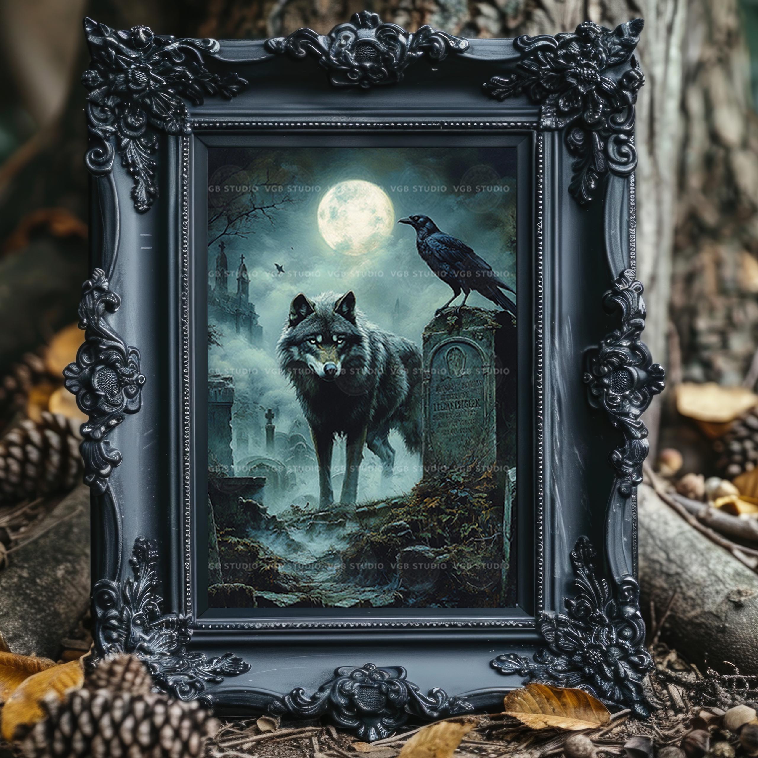 Wolf and Raven Art Print, Moonlit Graveyard, Ruined Chapel, Gothic