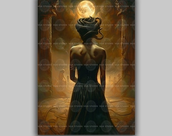 Medusa Wall Art Print, Greek Mythology Gorgon Decor, Dark Feminine Snake Goddess Poster, Gothic Pagan Home Accent, Moonlit Fantasy M10