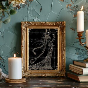 Bastet Gold Line Art Print, Egyptian Cat Goddess in a Deco Gown, Ancient Egypt Mythology Kemetic Altar Wall Decor q54 image 5