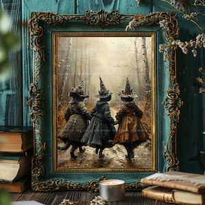 Three Witch Cats Wall Art Print, Black Cat Coven, Autumn Forest ...