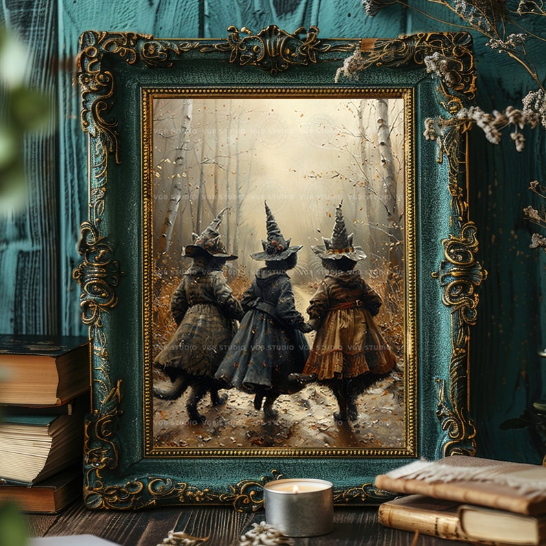 Three Witch Cats Wall Art Print, Black Cat Coven, Autumn Forest ...