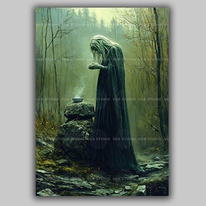 Ceridwen Art Print | Celtic Witch Misty Forest Ritual Bowl | Welsh Mythology Wall Art Pagan Goddess Nature Spirit Green Witch Decor | aa51