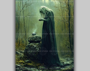 Ceridwen Wall Art Print, Welsh Mythology, Dark Cottagecore, Forest Witch Decor, Gothic Folklore, Pagan Altar, Fantasy Illustration aa51