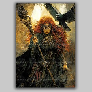 The Morrigan Art Print, Celtic Goddess of War and Fate, Raven Witch with Fiery Hair, Dark Feminine Power Wall Decor, Pagan Warrior Gift AF10
