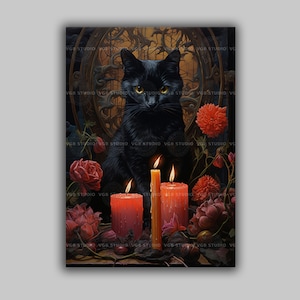 Black Cat Candlelight Flowers Mystical Art, Whimsical Gothic Feline Portrait, Occult Witchcraft Enchanted Animal Halloween Eerie Artwork f66