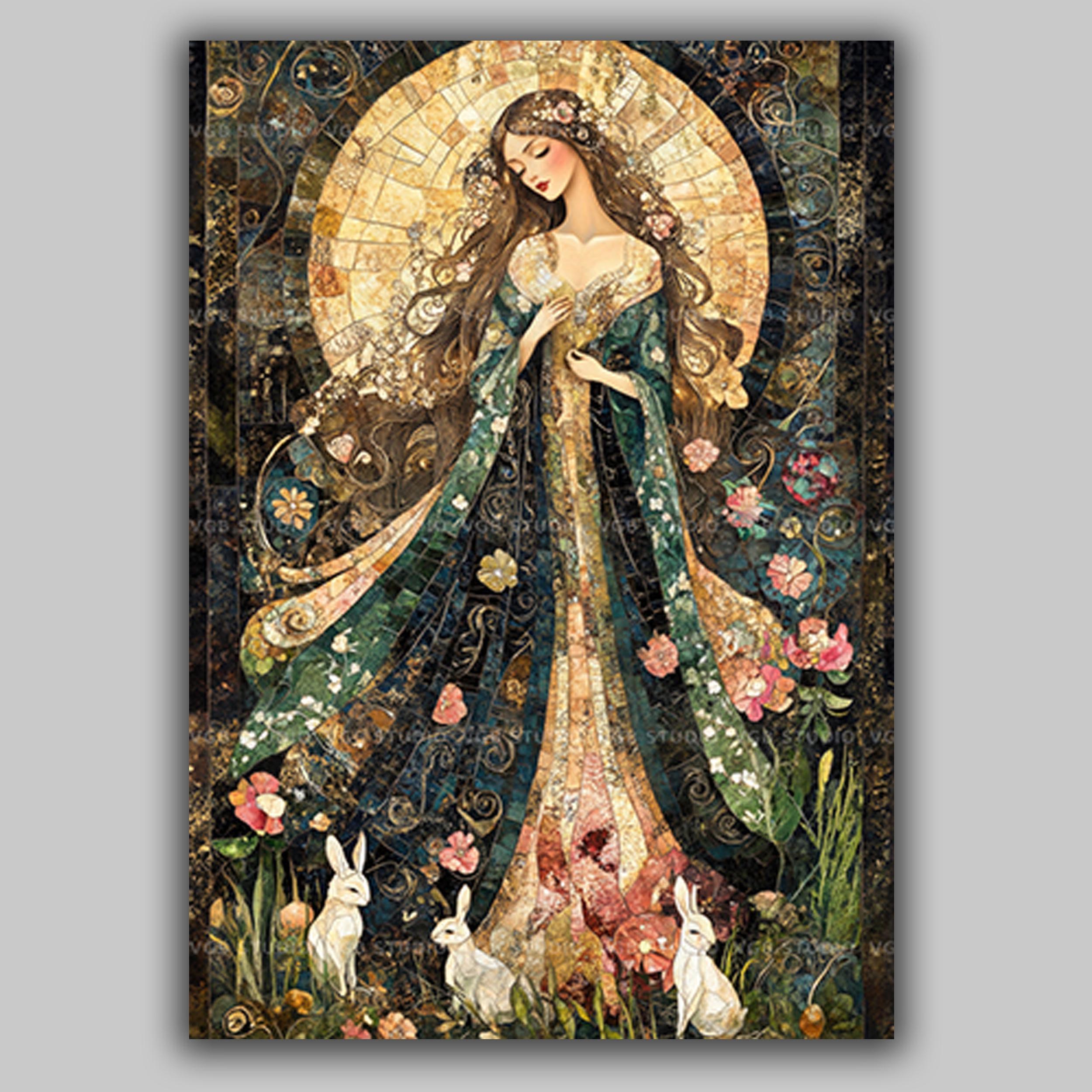 Ostara Art Print | Spring Goddess With Rabbits Flowers Mosaic