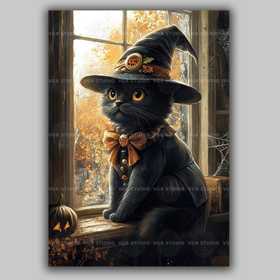 Halloween Black Cat Art Print | Witch Hat Pumpkin Window Autumn Decor ...