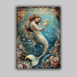 Lámina artística de sirena y caballito de mar, sirena de cola dorada en un arrecife de coral, decoración náutica vintage de fantasía submarina s24