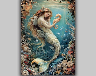 Mermaid Art Print with Seahorse Ocean Fantasy Painting Enchanted Underwater Nautical Mythical Sea Creature Artwork Gift Mermaid Lovers s24
