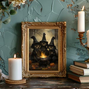 Witch Cats Art Print Black Cat Halloween Decor Pumpkin Cauldron Wall ...