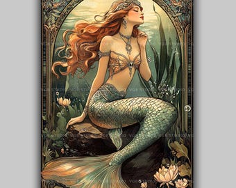 Jugendstil Meerjungfrau Art Print Ozeangöttin Fantasy Meerjungfrau mit Schmuck Mythologisch Wassernymphe Wanddekor Unterwasserkunst AF59