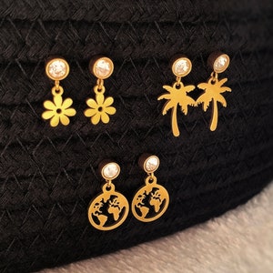 Pendientes de botón, acero inoxidable, color oro, piedra de diamante, colgante pequeño, flor, palmera, mapamundi, pendientes hechos a mano, regalo de navidad.