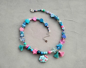 Mismatched blue necklace, beaded necklace, cloud necklace, summer necklace, kidcore, unique piece, one of a kind, birthday gift, handmade