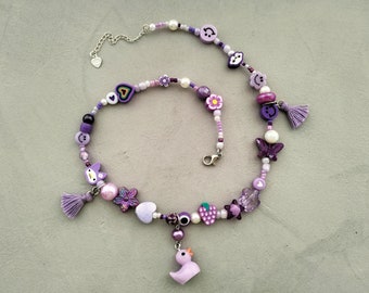 Unique purple necklace, mismatched necklace, beaded necklace, unique piece, rubber duck necklace, summer necklace, kidcore, choker necklace.