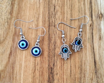 Evil eye earrings, Hamsa hand, spiritual meaning, spiritual jewelry, hippie jewelry, boho jewelry, nazar jewelry, handmade earrings, gift.