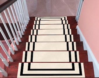 Black and Cream Stair Treads, Modern Geometric Step Mats, Minimalist Staircase Carpet Set, Non Slip Indoor Runner Style Floor Decor
