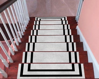 Gray and Black Stair Treads, Modern Geometric Step Mats, Minimalist Staircase Carpet Set, Non Slip Indoor Runner Style Floor Decor