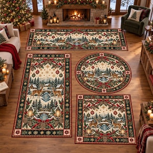 Weihnachtsteppich mit Hirschmotiv, Winterdorf-Teppich, Festtagsläufer, runder und quadratischer Weihnachtsteppich, rustikale Dekoration mit Tannenzapfen und Schneeflocken