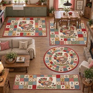 May include: A collection of four area rugs featuring a patchwork design with a central rooster illustration, a farmhouse, and small floral motifs in red, blue, yellow, and green. The rugs are rectangular and circular, showcasing a country-style pattern.