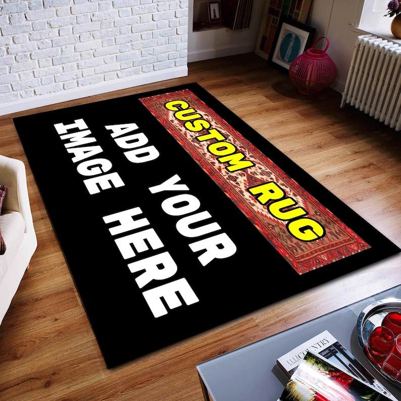 May include: Black and white rug with the text "Add Your Image Here" and "Custom Rug" in yellow. The rug has a red and white patterned design.