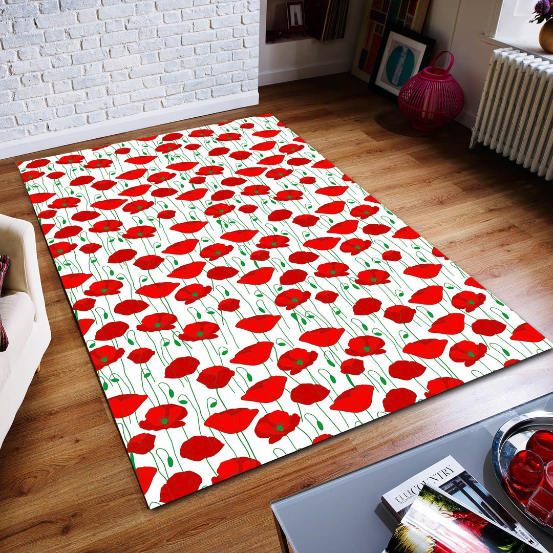 White Floor, Red Poppy Flower, Flowers Rug, Abstract Rug, Custom Rug ...
