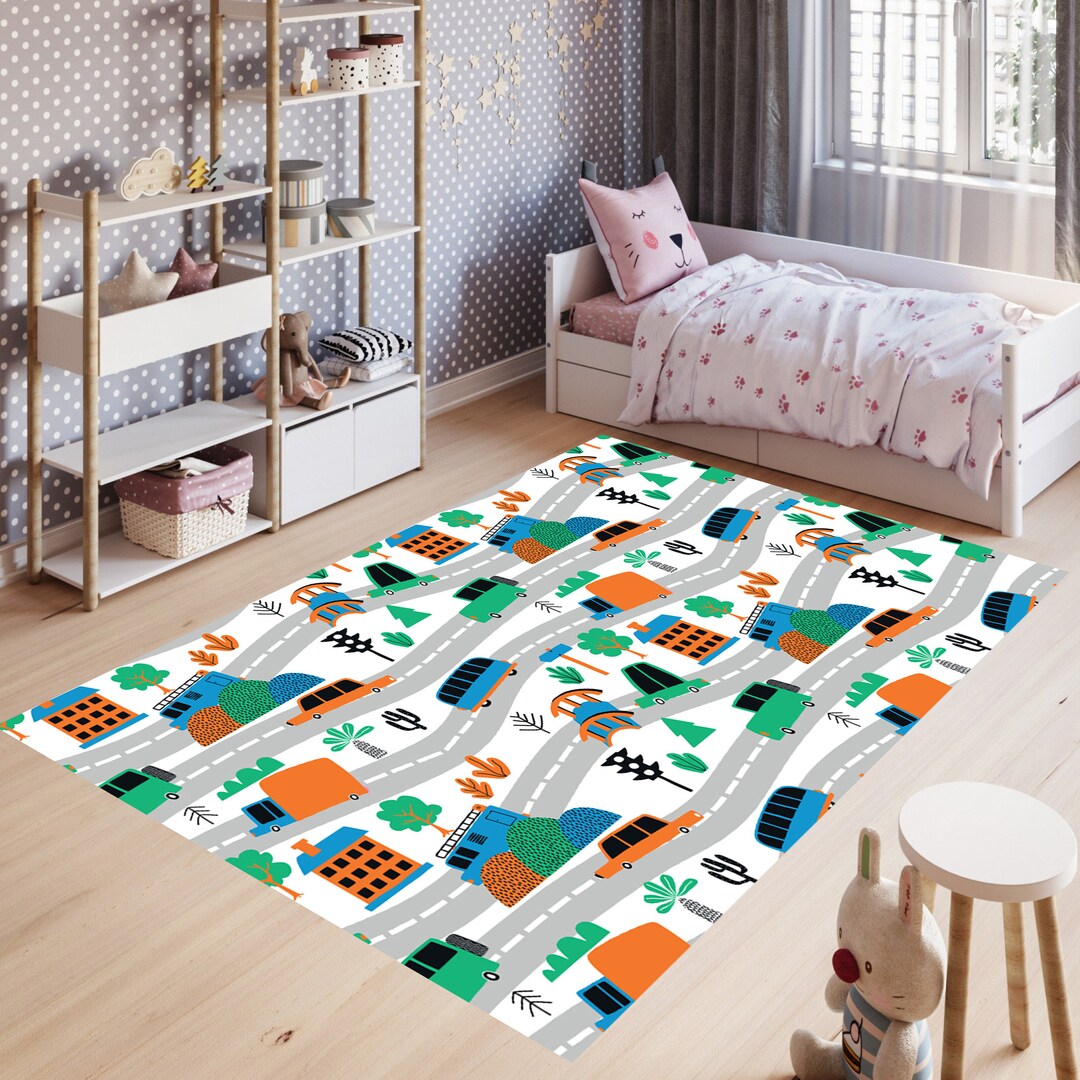 City Rug, School Bus, Trucks, Roadways, Traffic Rug, Kids Room, Custom ...