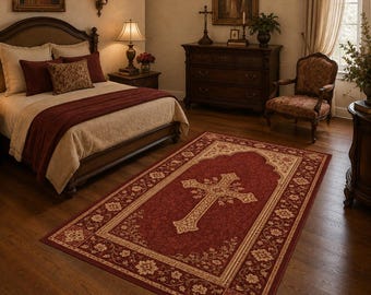 Christian Cross Area Rug, Red Religious Floor Mat, Vintage Floral Prayer Carpet, Home Altar Decor, Washable Non Slip Burgundy Church Rug