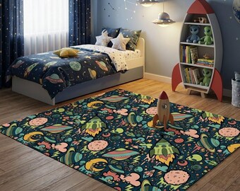 Colorful Space Doodle Rug, Cartoon Planets and Rockets Area Carpet, Kids Bedroom Playroom Nursery Decor, Whimsical Galaxy Floor Mat